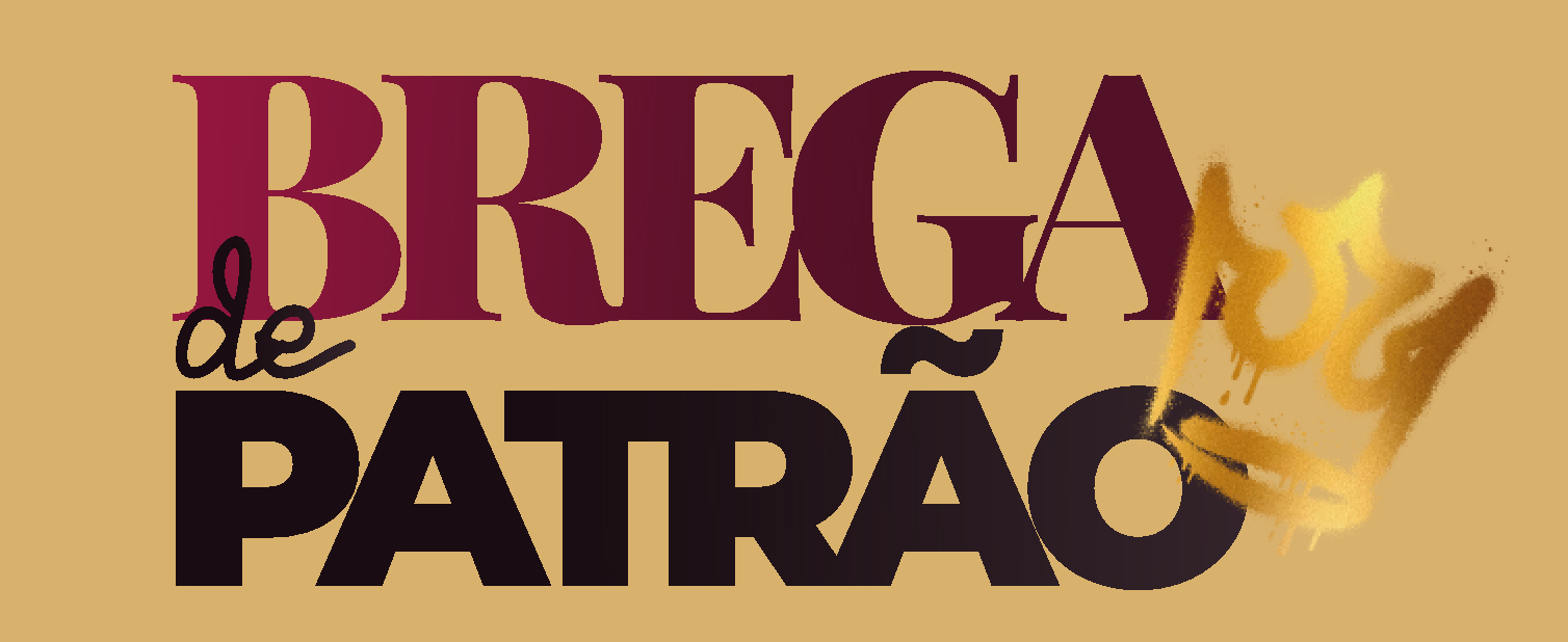 Logotipo versão principal: BREGA em vinho, de PATRÃO em preto e coroa dourada