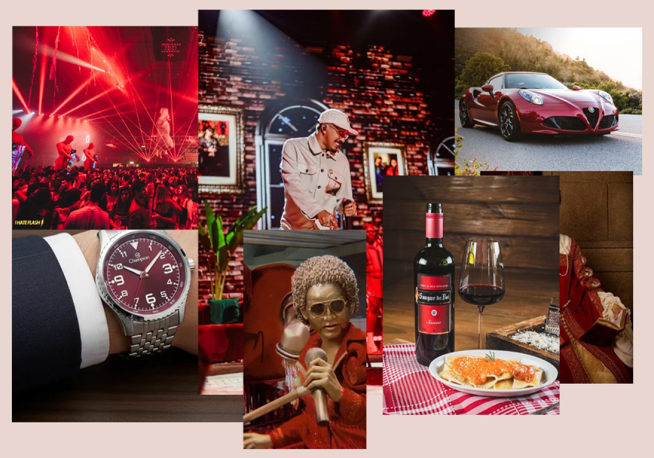 Moodboard com festa com luzes vermelhas, artista no palco, carro esportivo vinho, relógio de pulso, estátua com microfone e vinho com massa